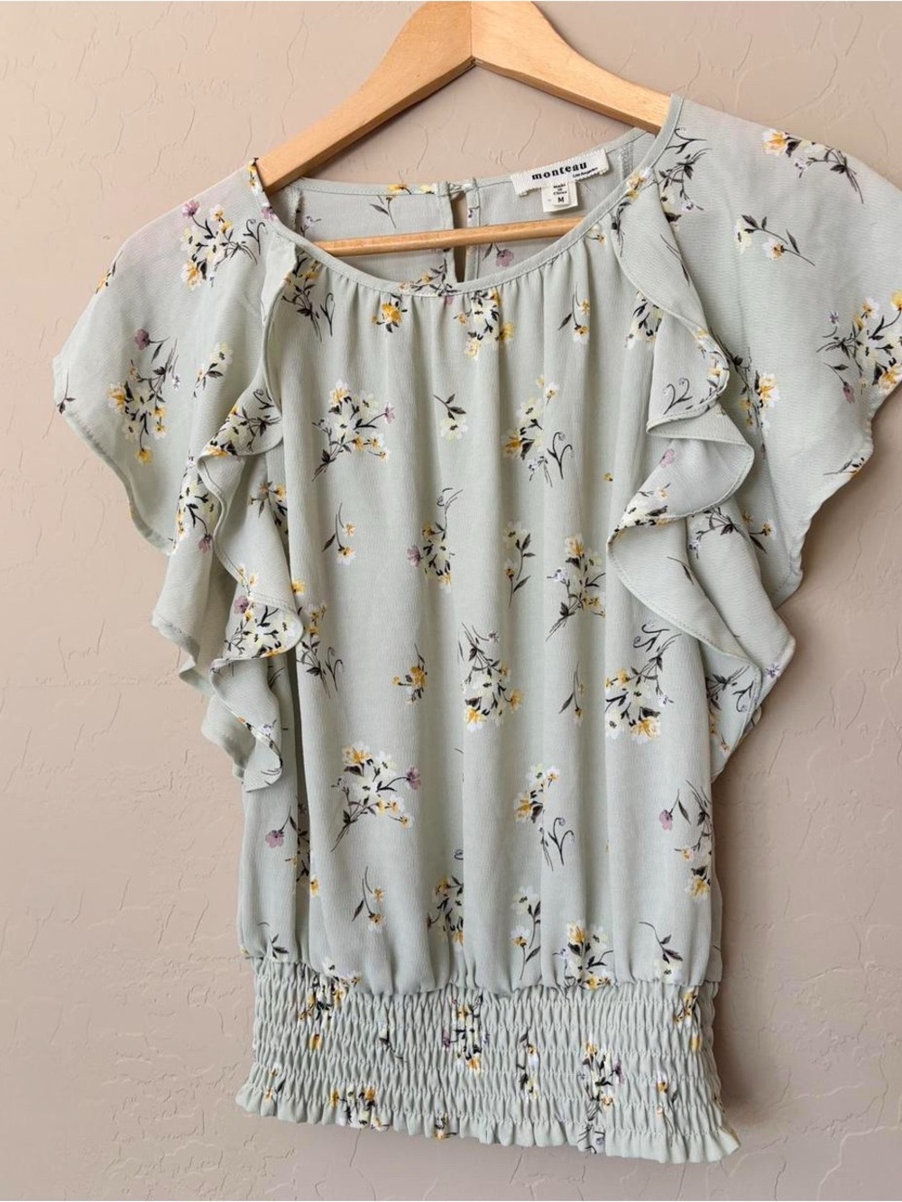 Monteau Sage Green Floral Ruffled Cap Sleeve Smicked Waist BlouseTop Cottagecore - Picture 2 of 3